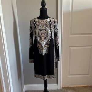Donna Morgan Black Dress with Gold and Silver Patterns